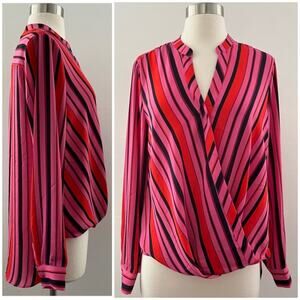 Rachel Zoe Blouse Women's S Pink Striped Faux Wrap Long Sleeve Modest Office NWT
